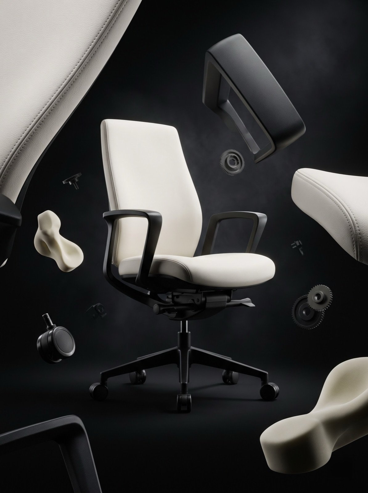 Exploded view of a task chair with every component suspended around it