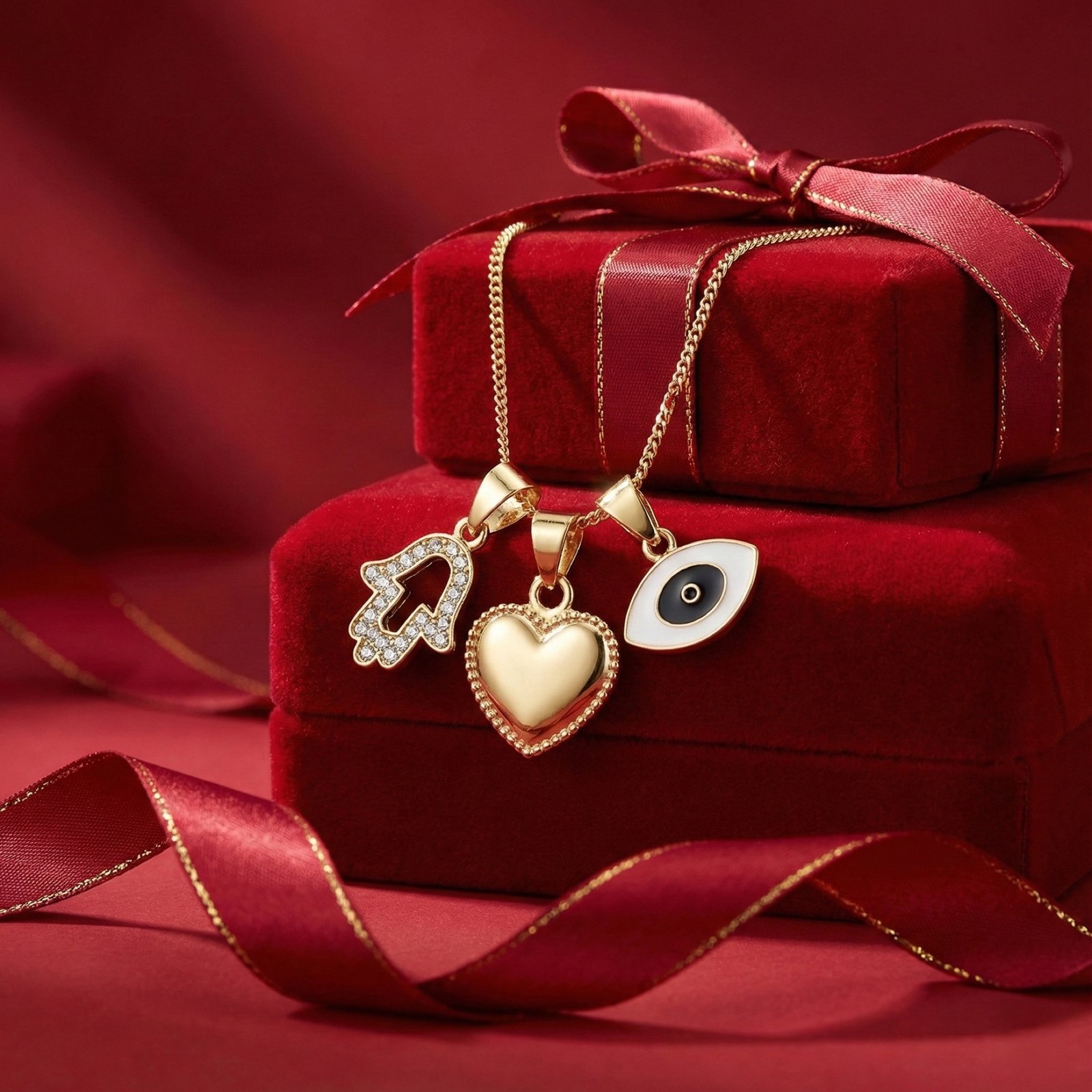 Gold charm pendants on velvet gift boxes with ribbon