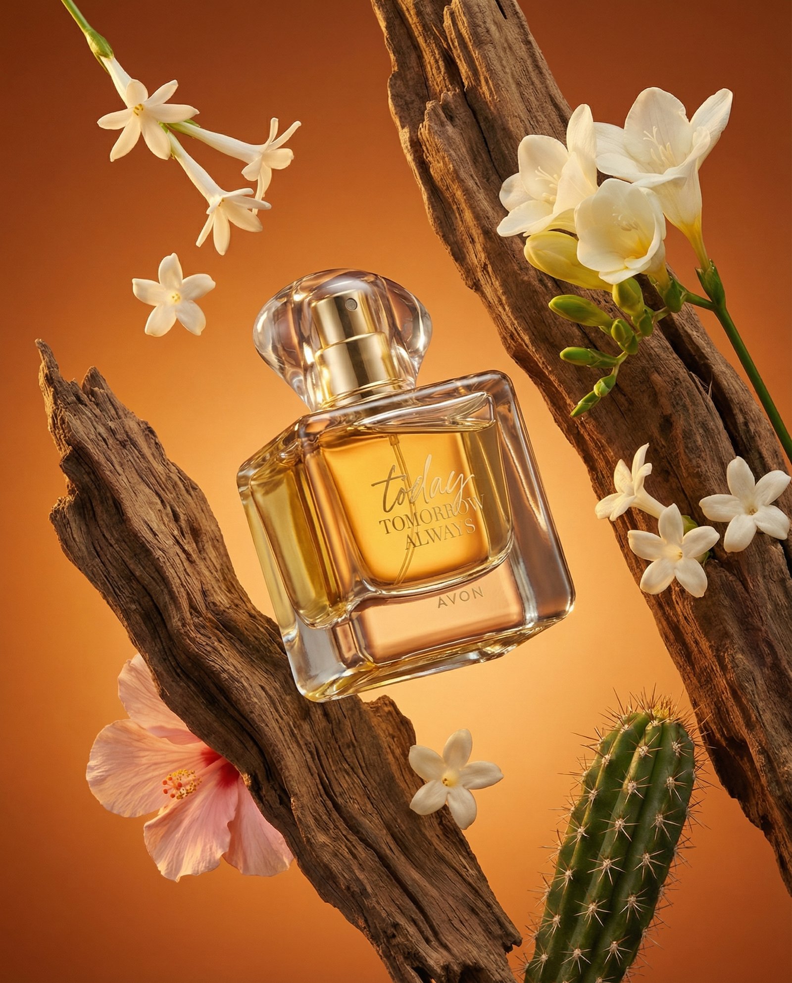 Fragrance bottle suspended among driftwood and tuberose on a warm gradient