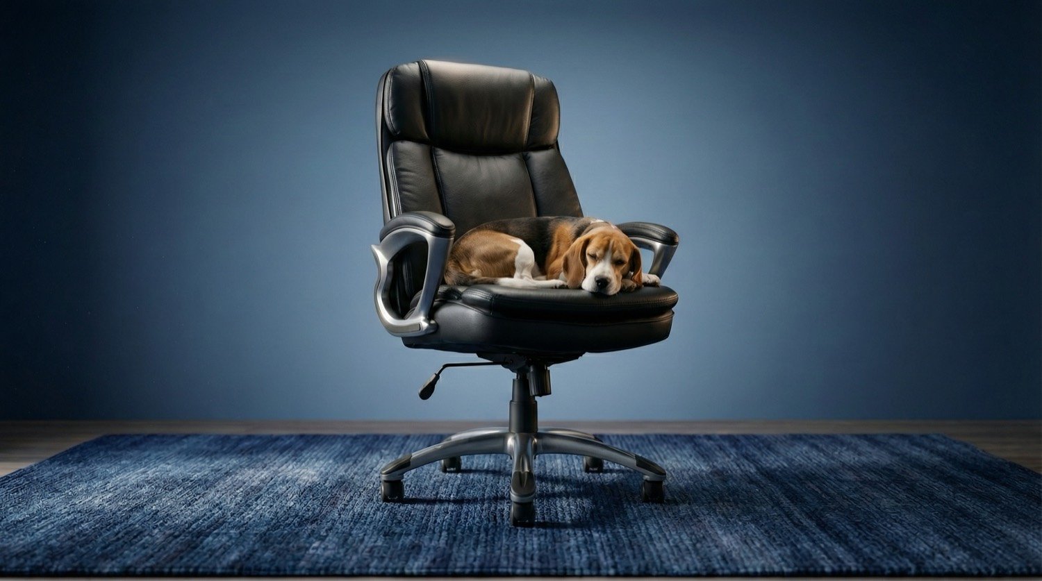 Beagle asleep on an executive chair against deep blue
