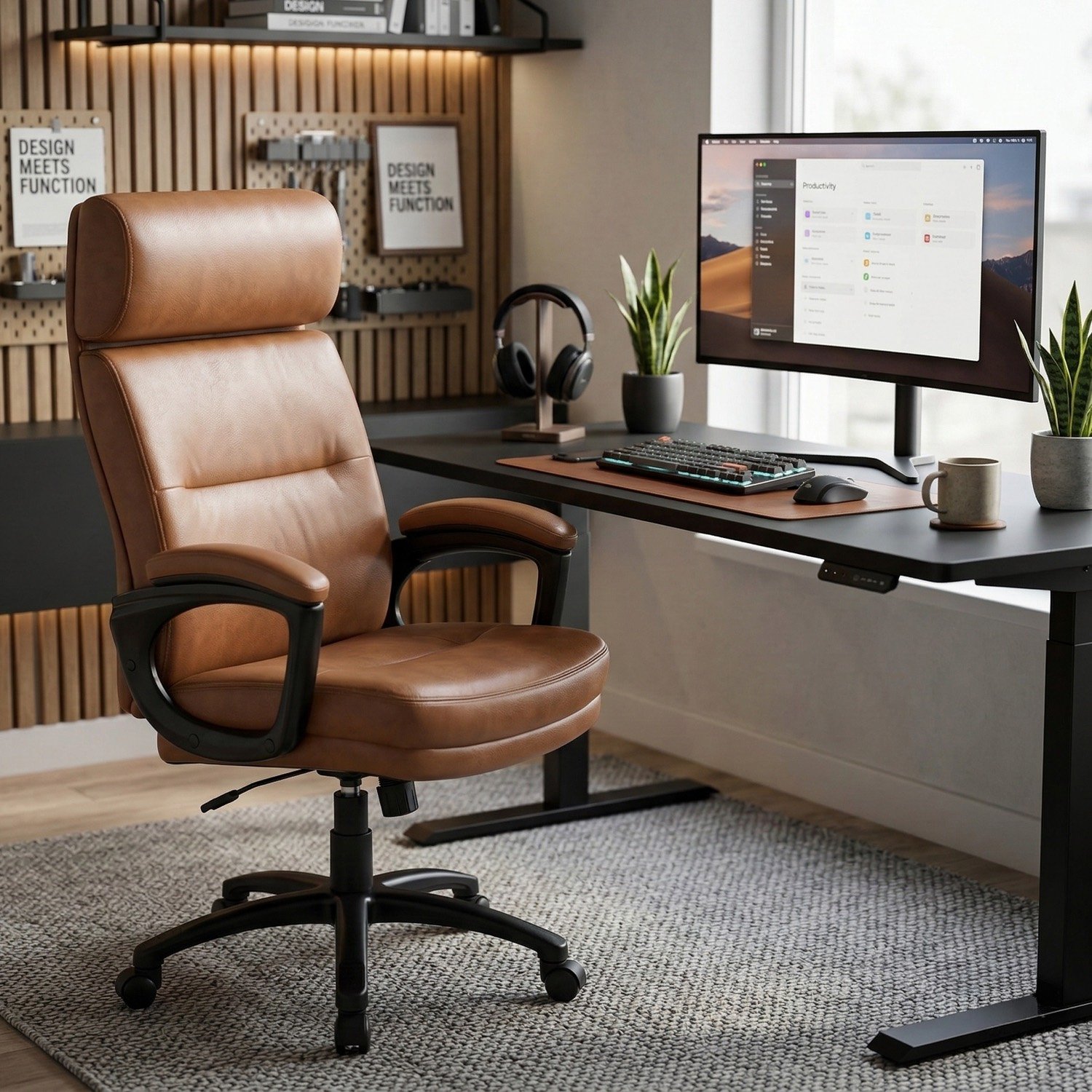Tan leather task chair at a walnut desk