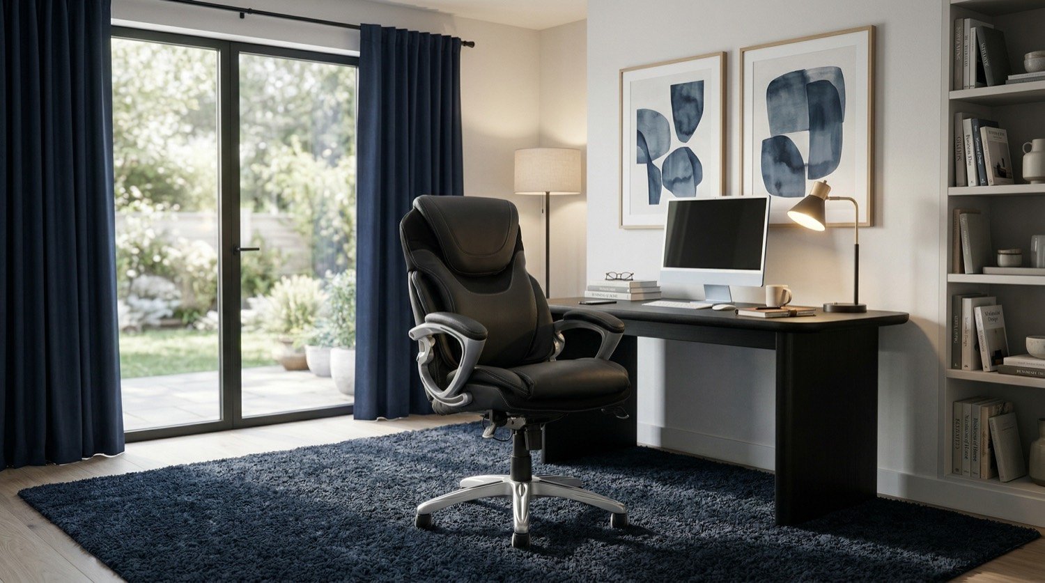 Executive chair in a navy home office beside garden doors