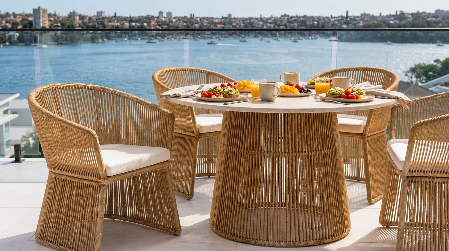 Outdoor dining setting laid for breakfast above the water