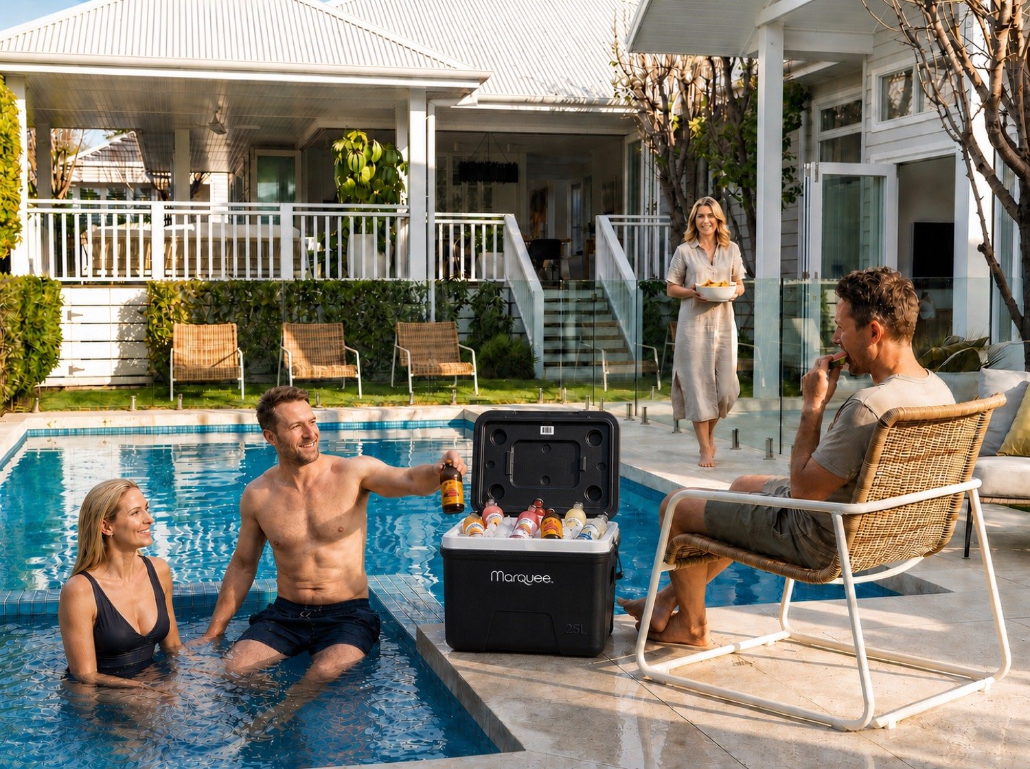 Group in and around a pool with a cooler on the deck