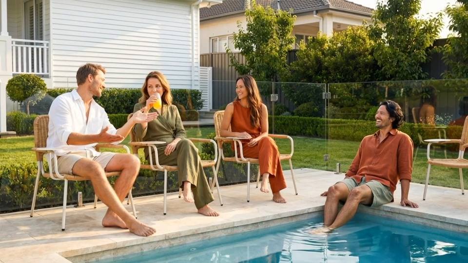 Friends sitting in Cove lounge chairs beside a pool