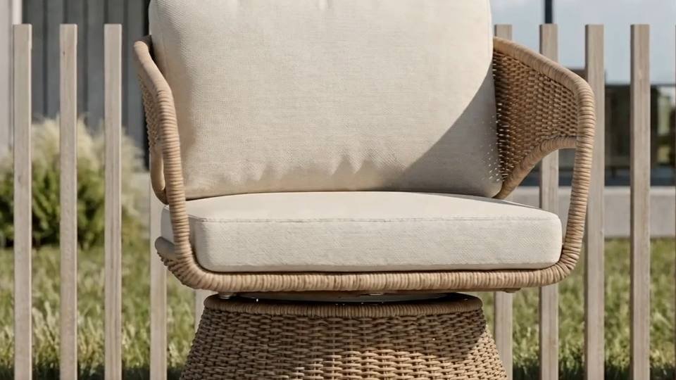 Harlow woven lounge chair with a cream cushion by a fence line