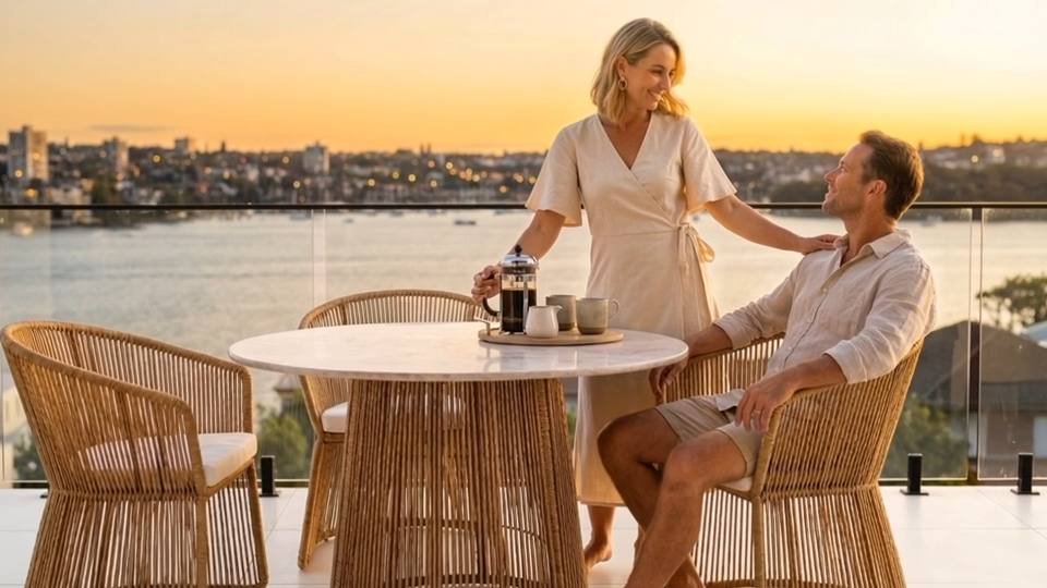 Noosa dining table on a terrace at sunset