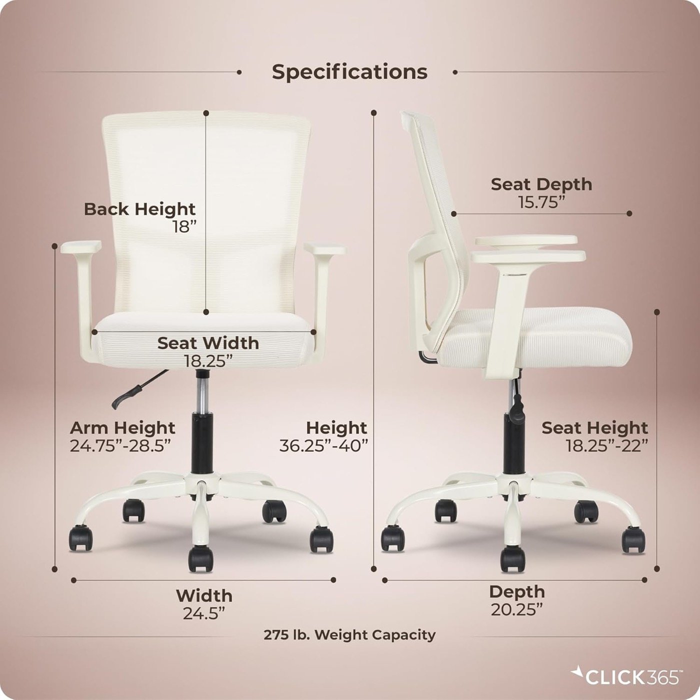 Click365 feature panel — armrests and back support